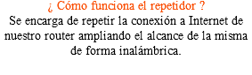 ¿ Cómo funciona el repetidor ? Se encarga de repetir la conexión a Internet de nuestro router ampliando el alcance de la misma de forma inalámbrica.